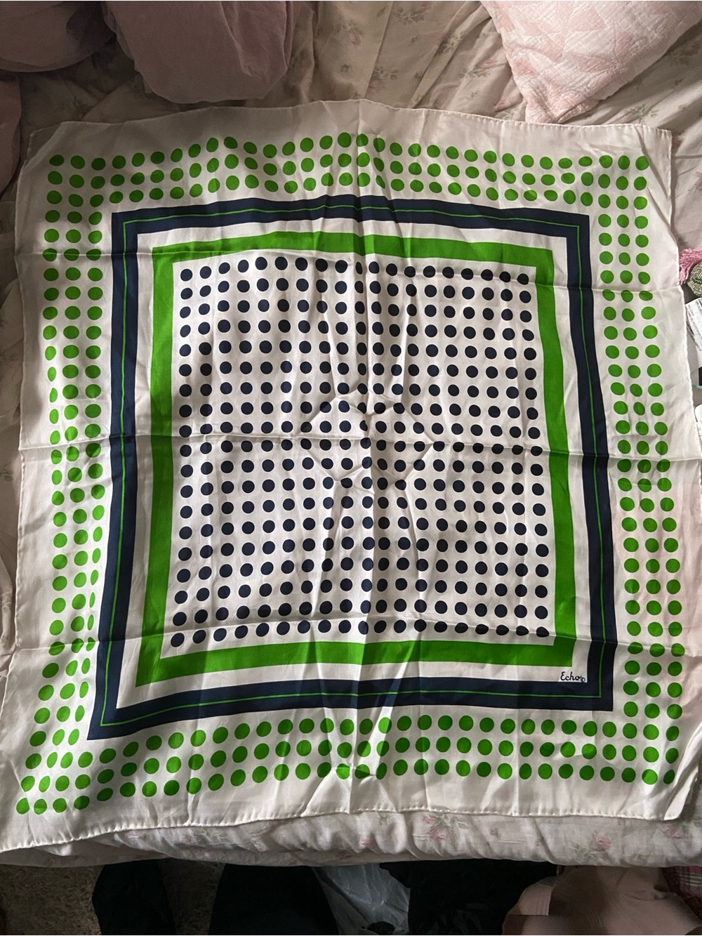 Echo Green, Navy and White Polka Dot Silk Scarf